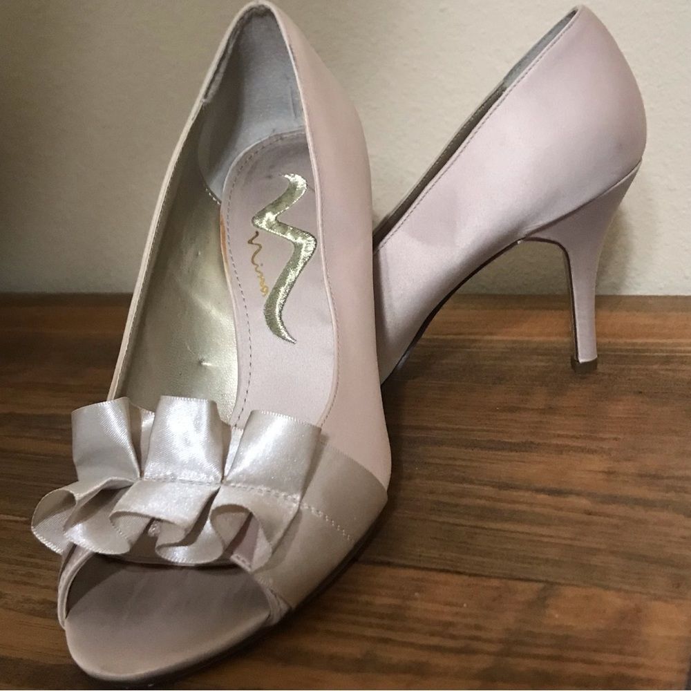 Nina Satin peep toe champagne heel